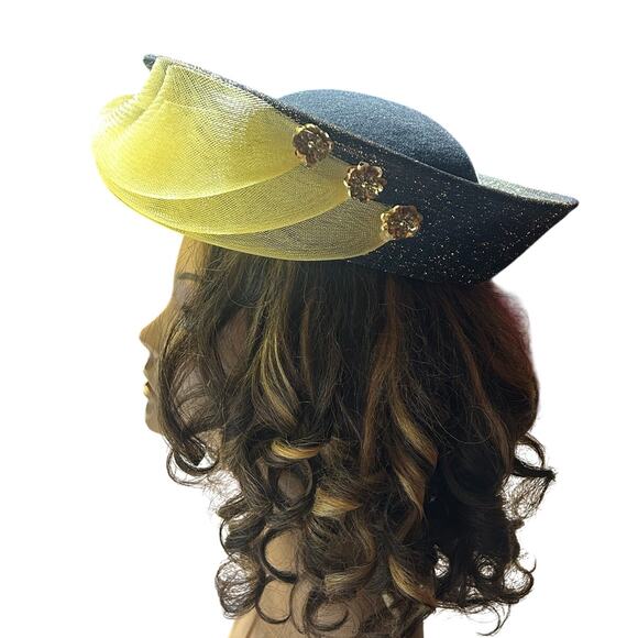 Vintage Cocktail/Derby hat black and gold with a yellow tulle accent
